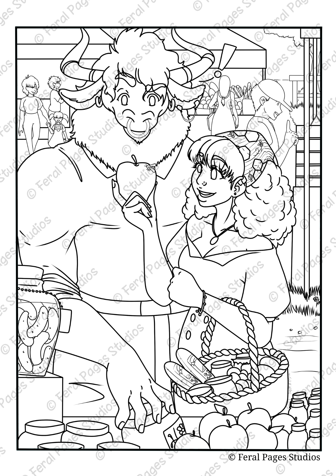 A girl purchasing apples from a friendly bison at an outdoor market, with other vendors and shoppers in the background.