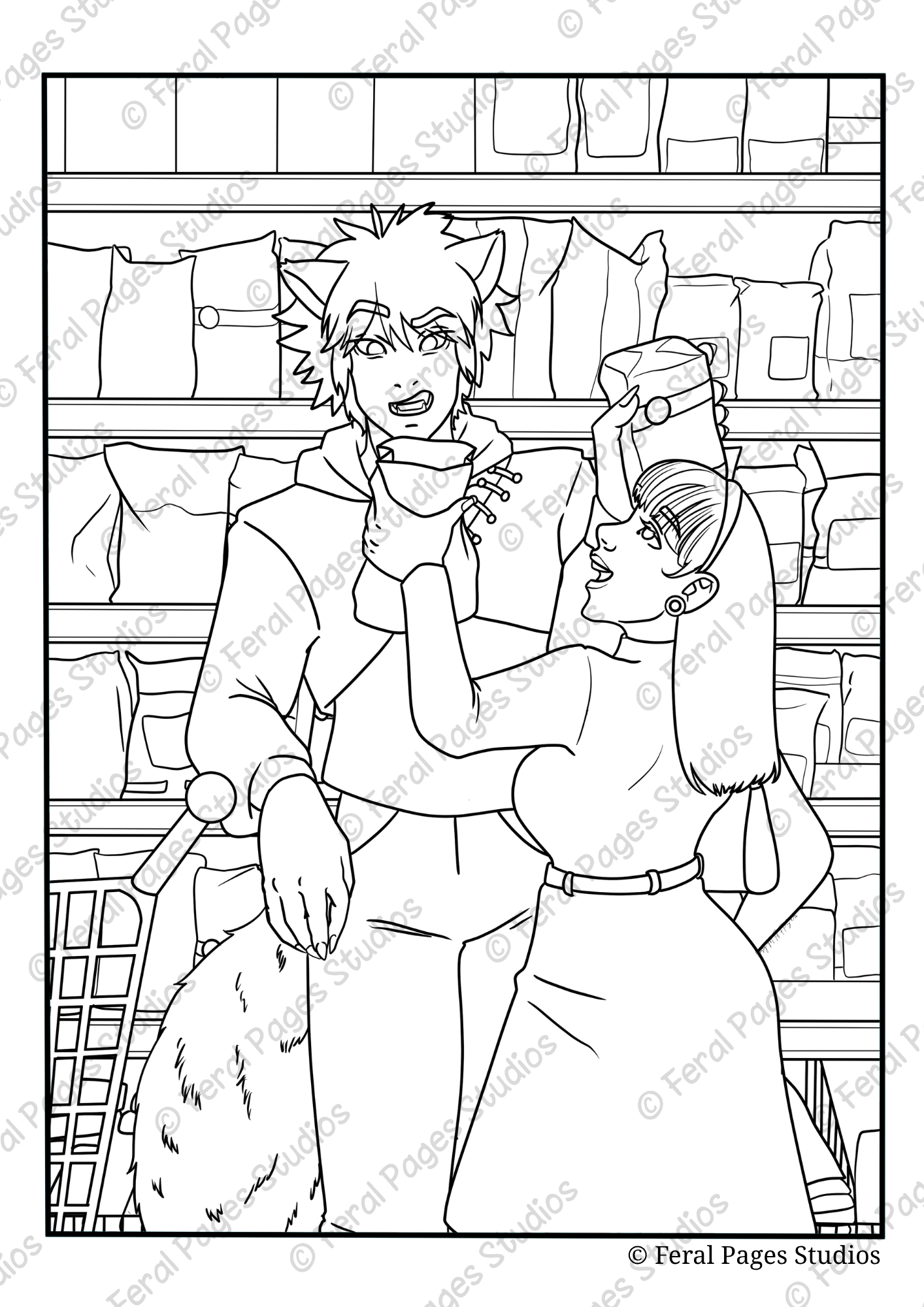 A line drawing of a young person with cat ears and tail receiving a gift from a woman in a store aisle with shelves of boxes and supplies.