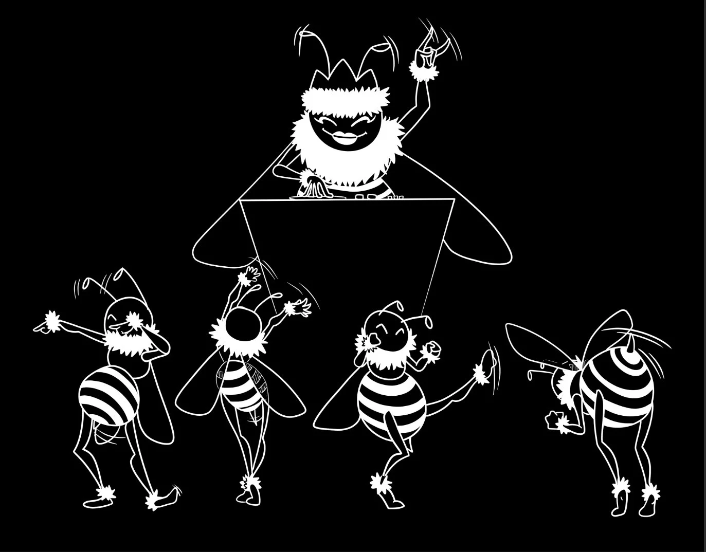 Back of the staff T-shirt for Nan Desu Kan. This was for their year of for Back to the Wild. Bee's at a rave to show little worker bees having fun while working.