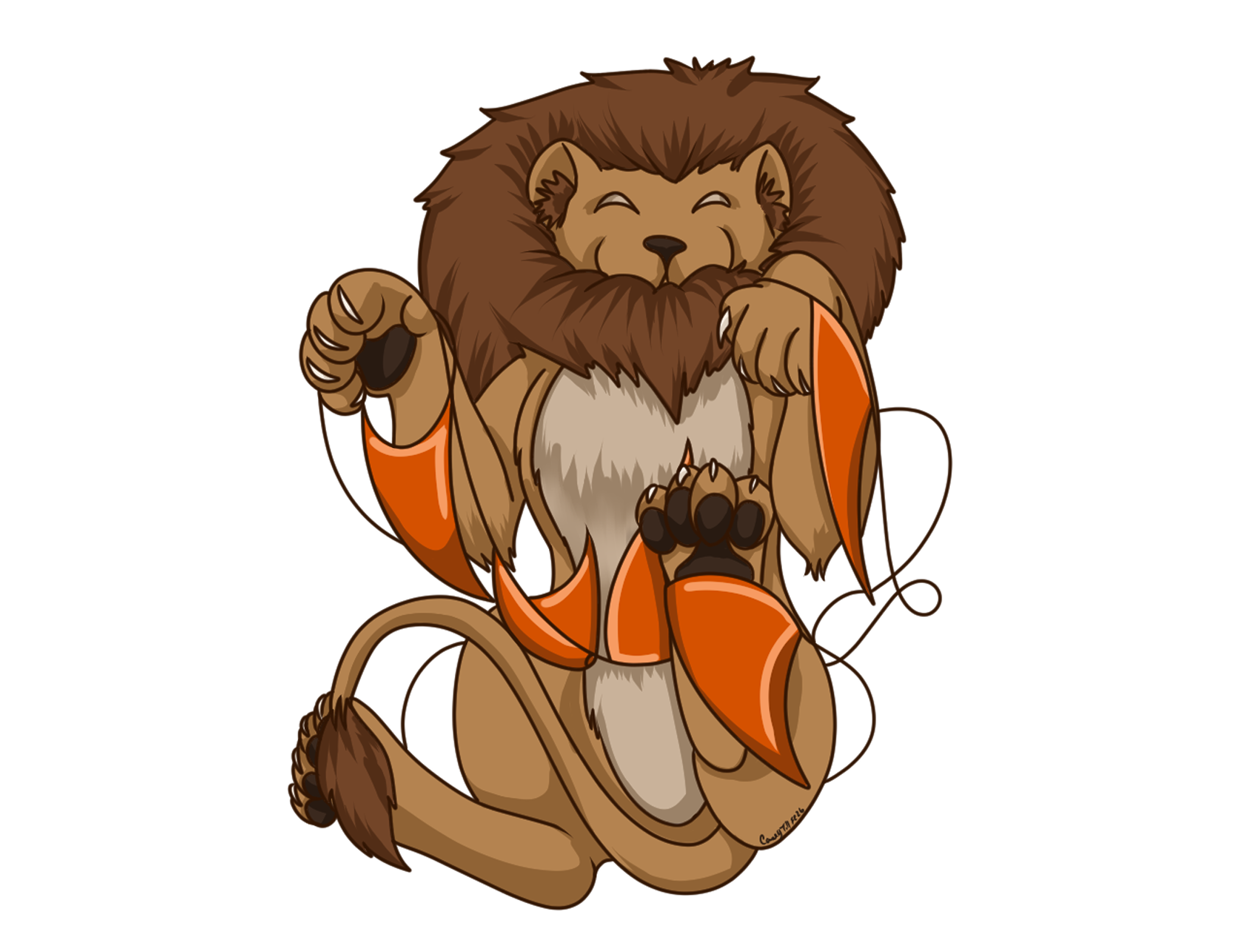 A cartoon lion with a brown mane and beige body, sitting with eyes closed and a happy expression, holding a small black object, against a dark gradient background.