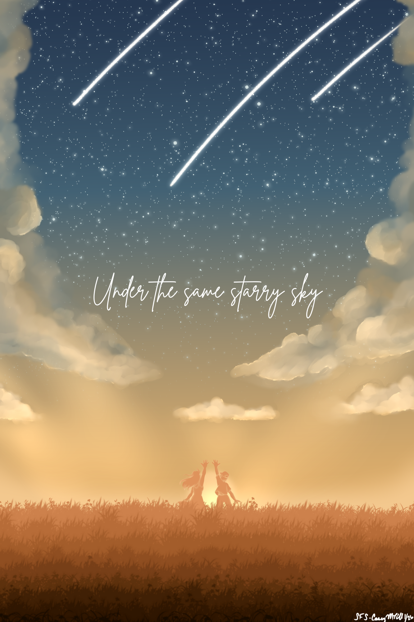 Two children, a girl and a boy, playing in a grassy field at sunset or sunrise, under a starry sky with shooting stars and clouds, with the phrase 'Under the same starry sky' written across the sky.