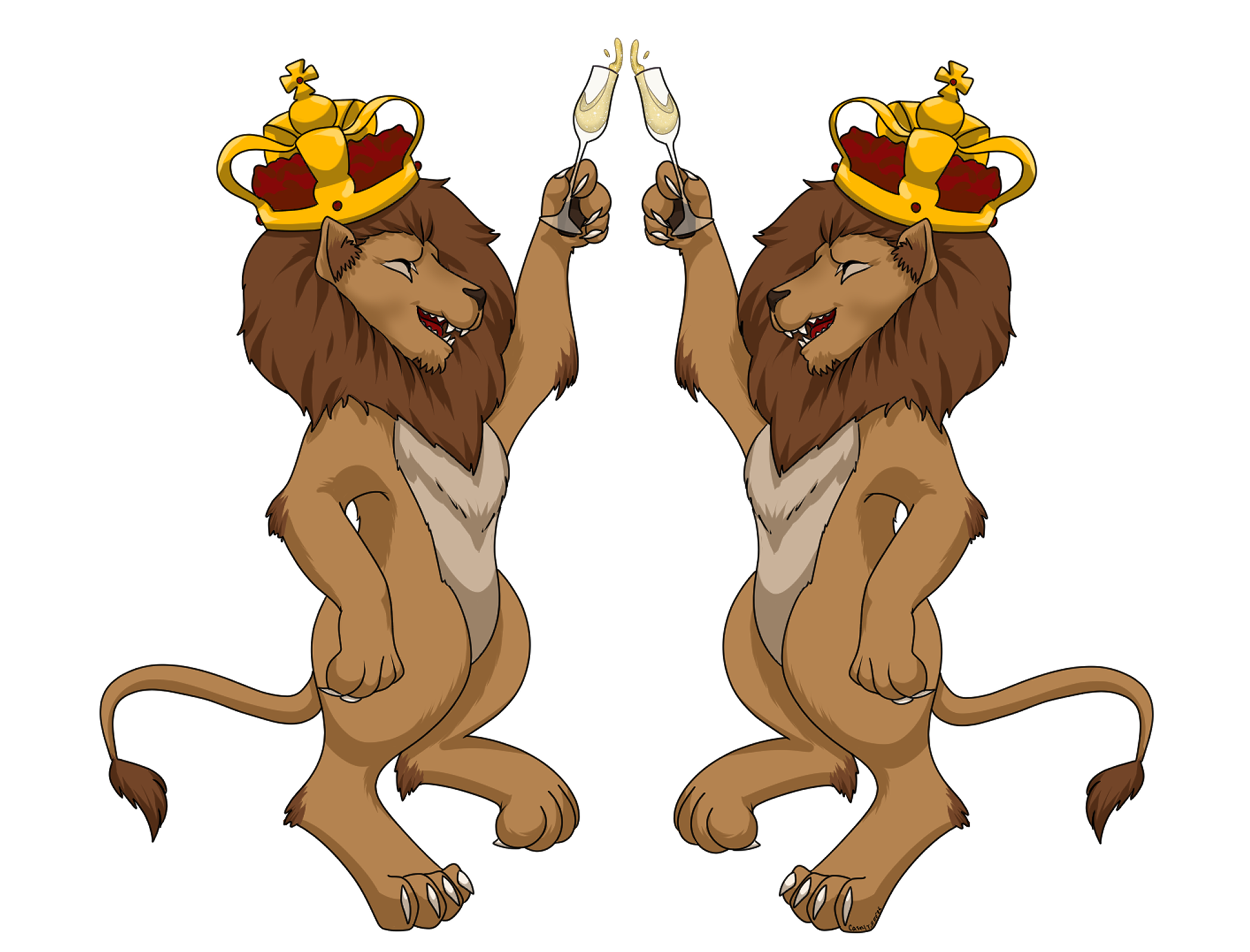 Two cartoon lions with manes wearing crowns, toasting with champagne glasses.