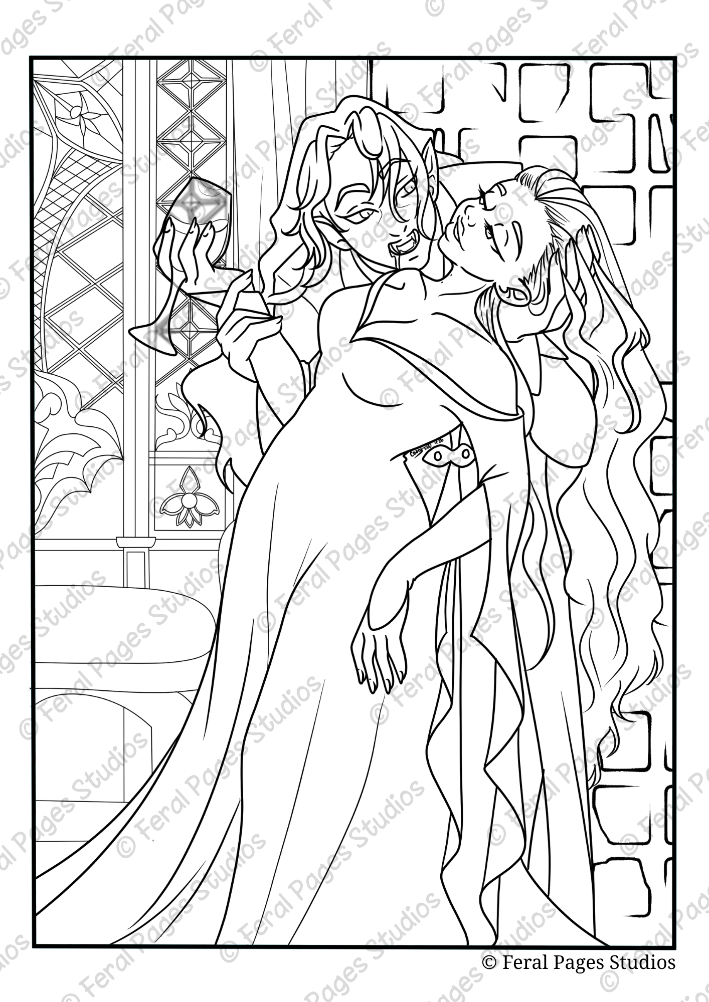 Black and white line art of a fantasy scene featuring a woman with long hair and elf ears, dressed in a flowing gown, being held by a woman with short hair and pointed ears, in front of a gothic stained glass window.