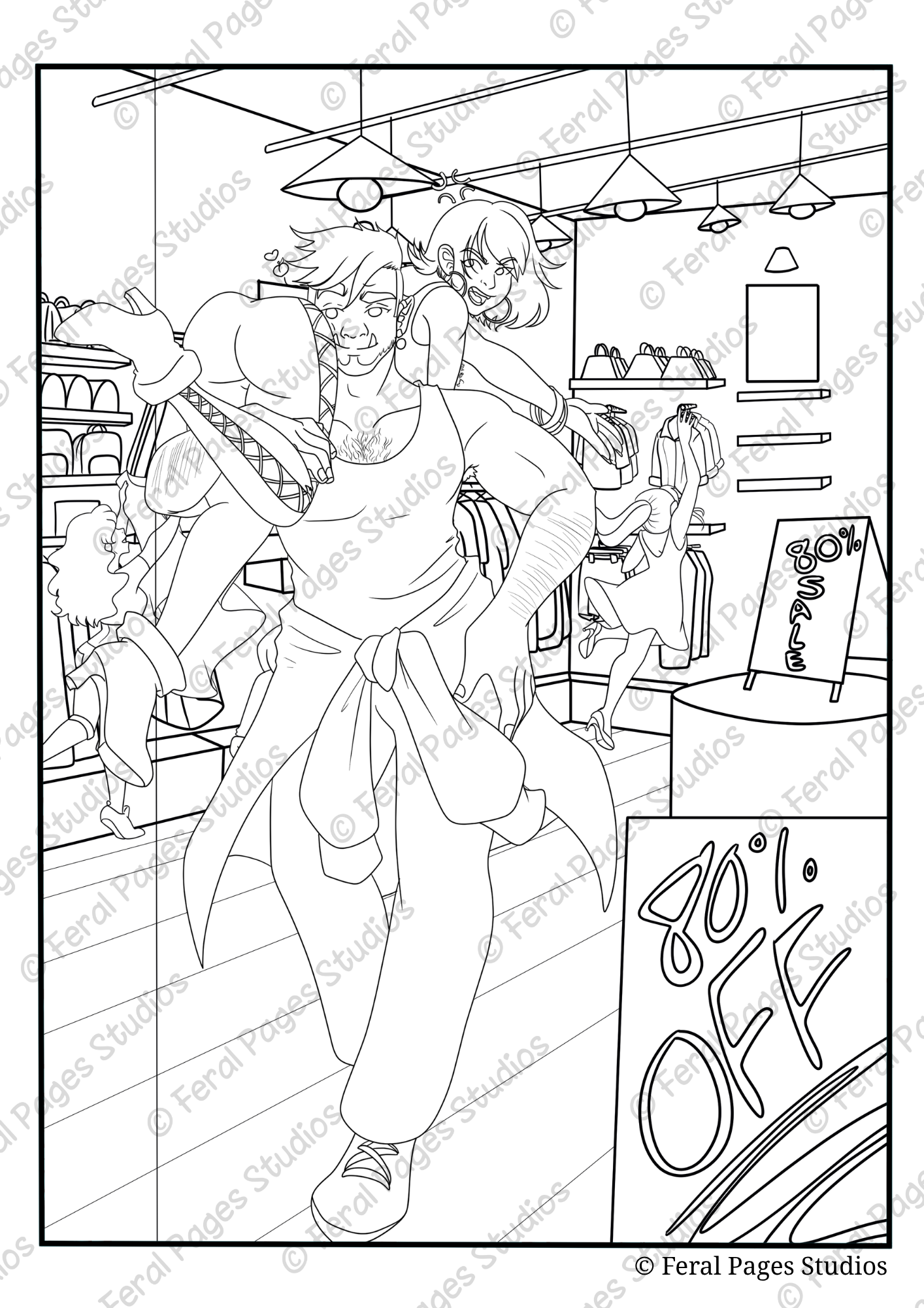 Line drawing of a playful scene inside a retail store, featuring a muscular man with a beard carrying a smiling woman over his shoulder, and a small child reaching toward the shelves, with shelves stocked with shoes and clothing, and signs advertisin