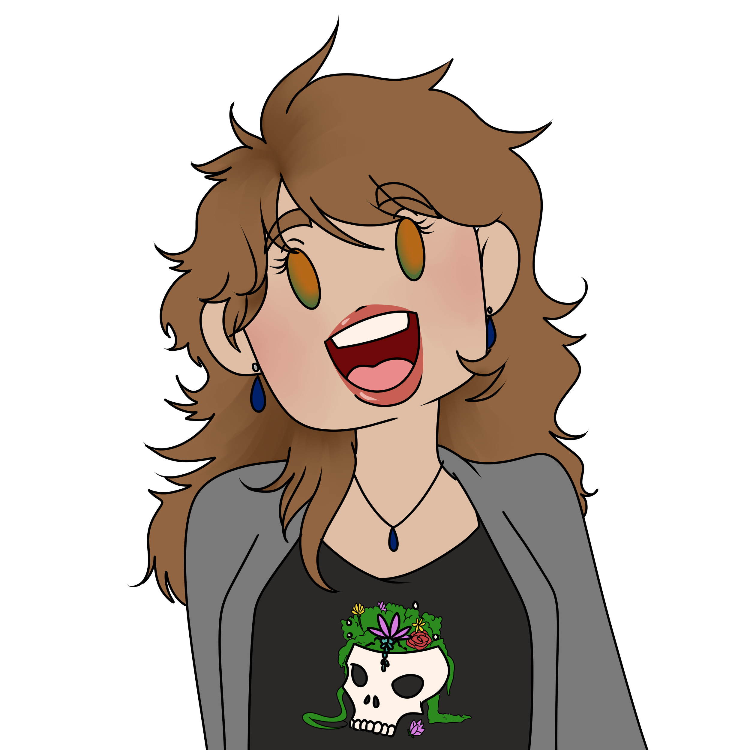 A cartoon woman with wavy brown hair, green eyes, and earrings, wearing a dark gray blazer and a black shirt with a skull and flowers design and holding a bouquet of colorful flowers.