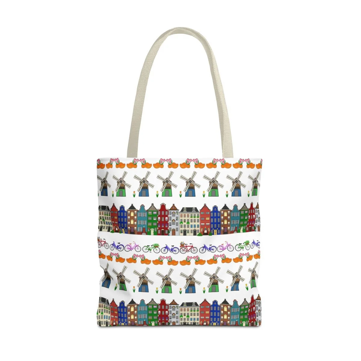 A tote bag with colorful illustrations of windmills, city houses, and bicycles, arranged in horizontal rows.