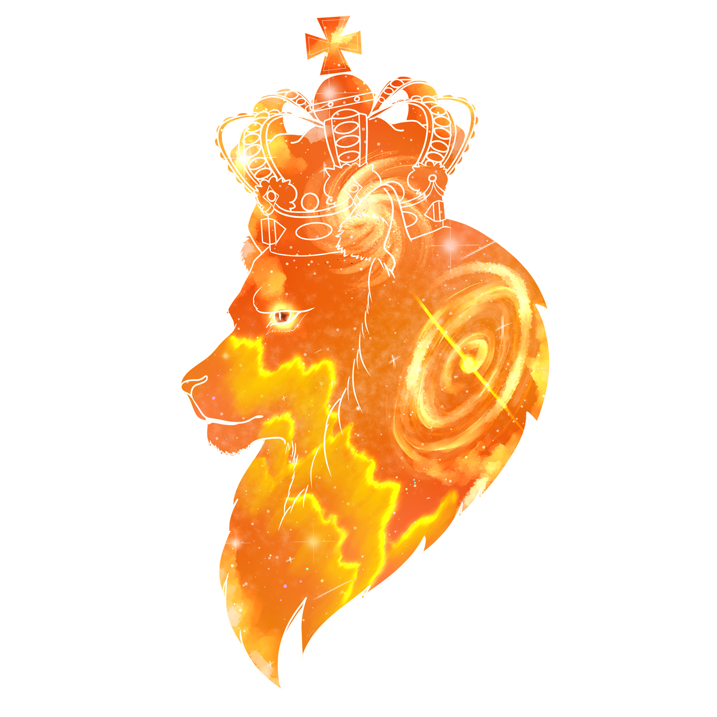A digital illustration of a lion's head profile with a cosmic theme. The lion features vibrant orange and yellow lightning-like patterns, a galaxy swirl with a bright central point, and a crown on its head. The background is split into black on the l