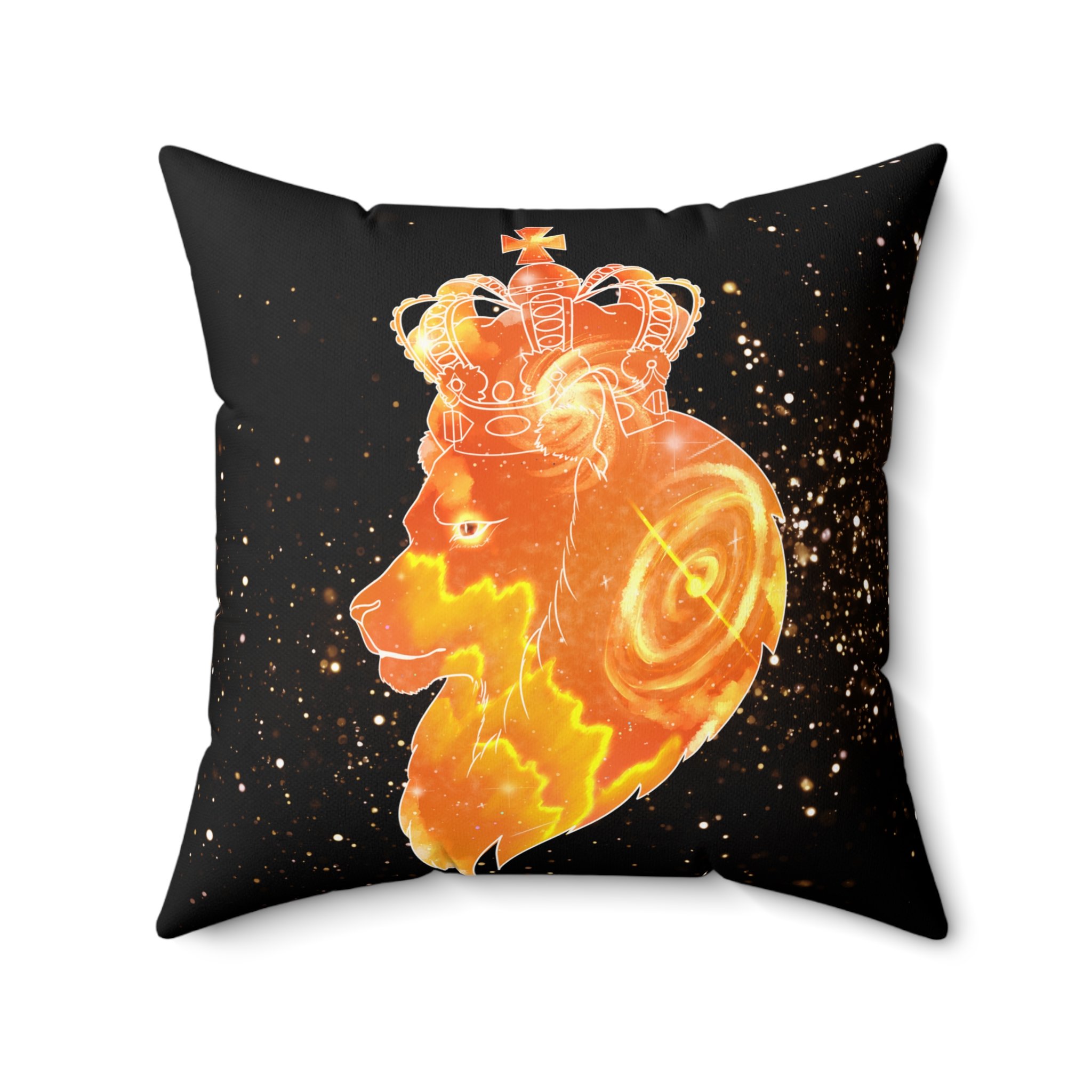 Decorative black pillow with a glowing orange pumpkin with a crown on its head and lightning bolts, surrounded by sparkles.