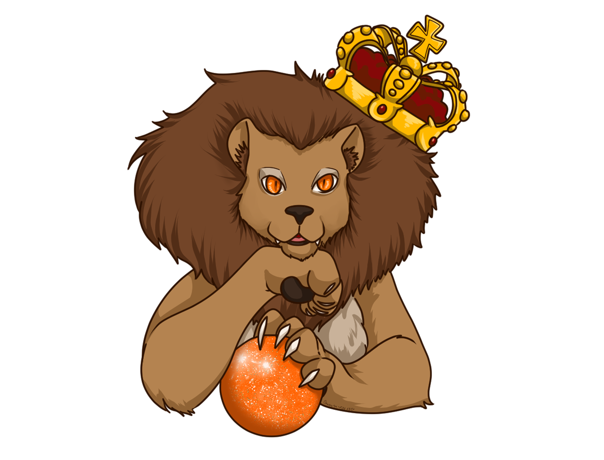 A cartoon lion with orange eyes, a large mane, and a friendly expression, wearing a royal crown. The lion is holding an orange glowing orb with a glittery surface and has one paw raised.