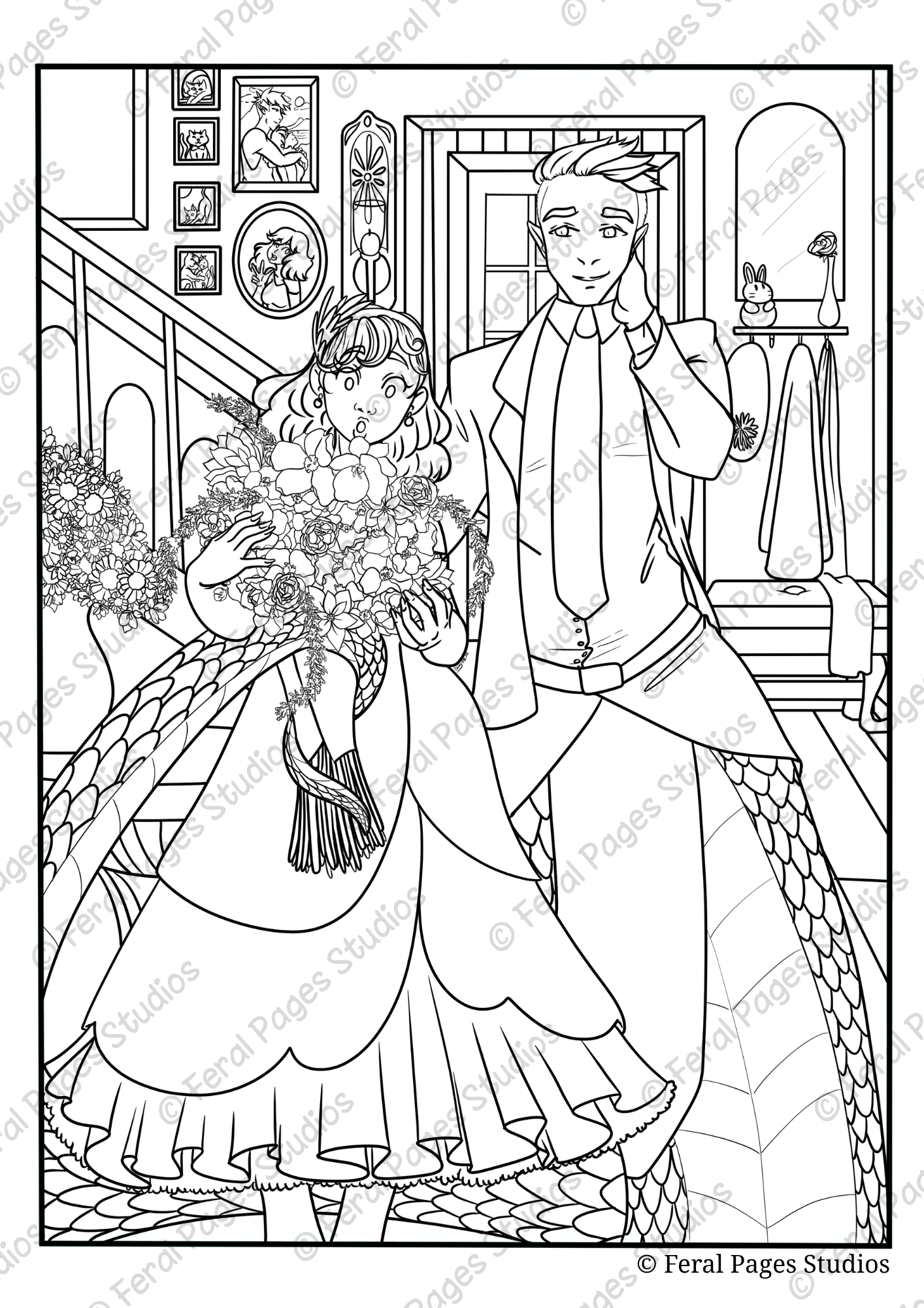 A coloring page depicting a scene with a girl holding a large bouquet of flowers and a young man with pointy ears, possibly an elf, standing on a staircase inside a decorated house. The background features framed pictures on the wall and various hous
