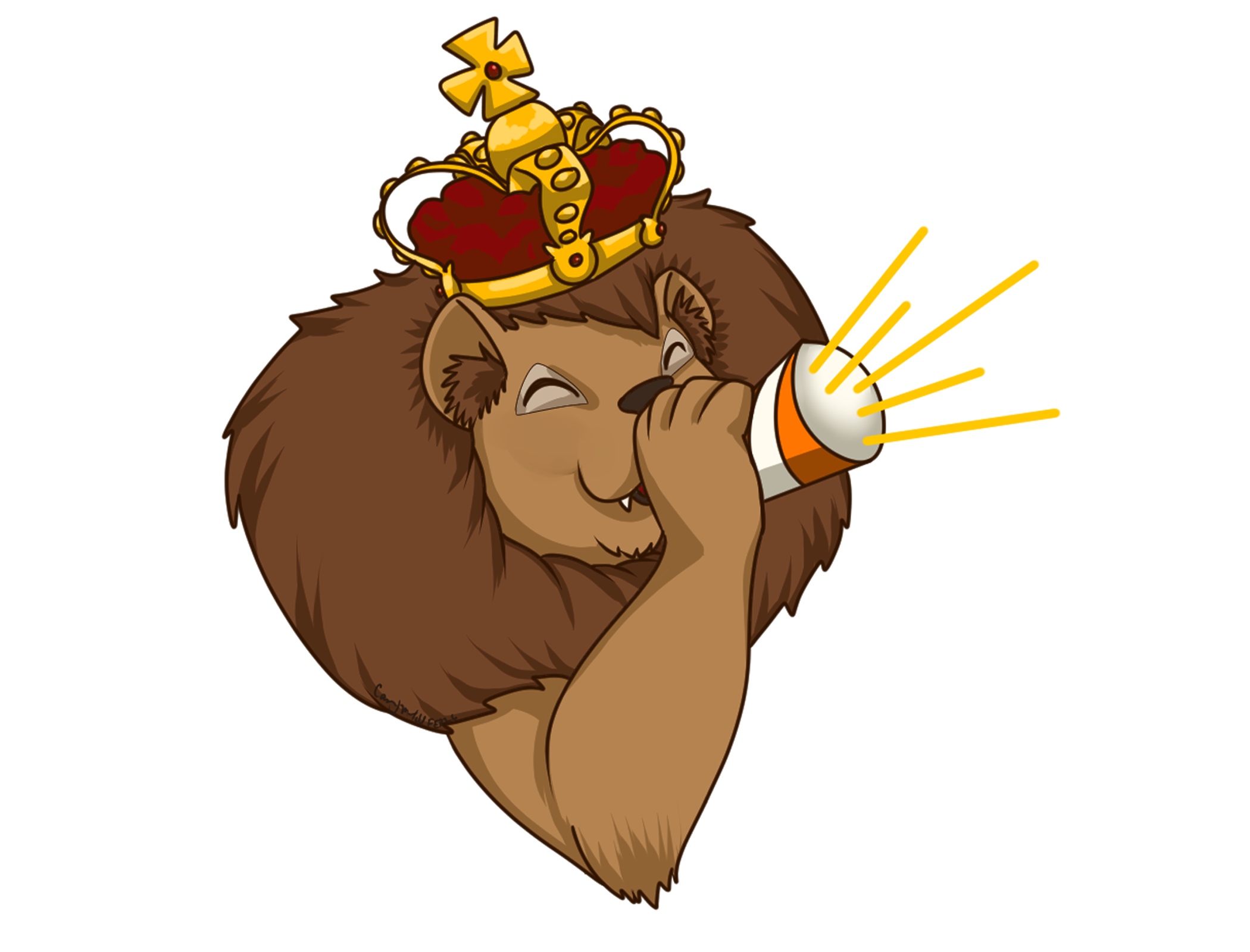 Cartoon lion wearing a crown, smiling, and holding a megaphone.