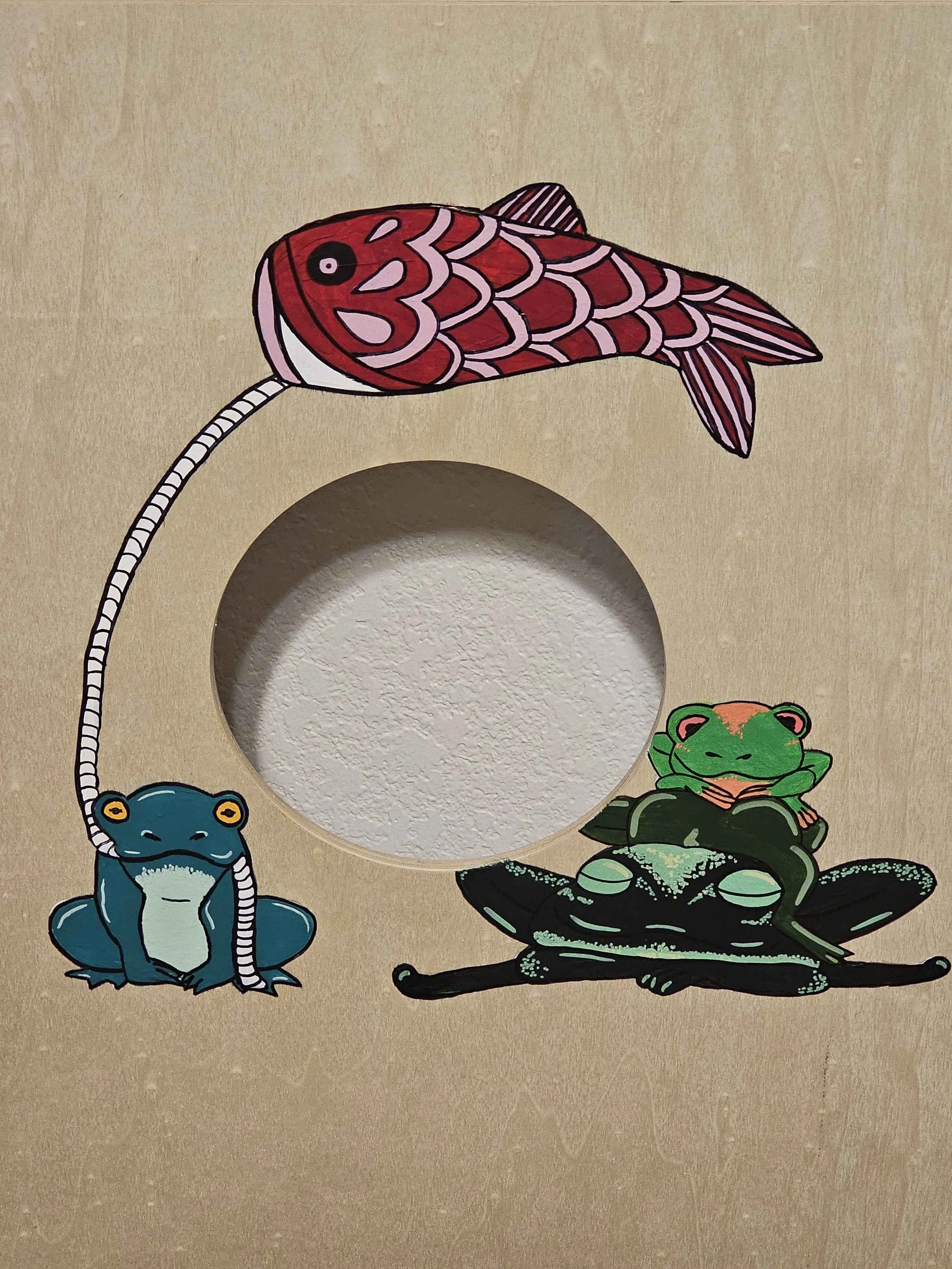 Nan Desu Kan asked for art to be done on the wood bean bag toss game. More images will grow onto the board as time goes.