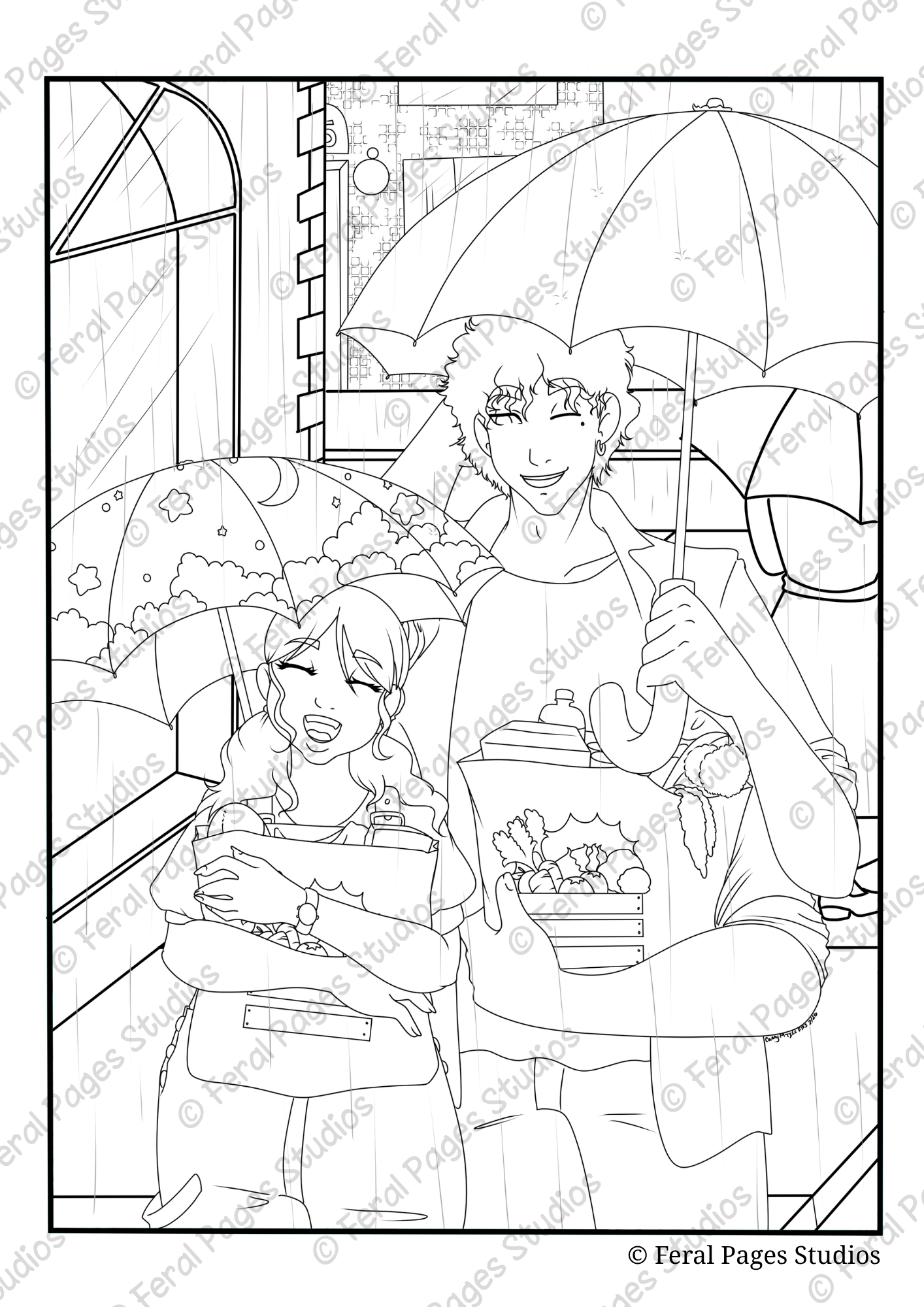 Line art of two smiling people, a man and a woman, holding umbrellas in the rain. They are standing by a window with raindrops on the glass.