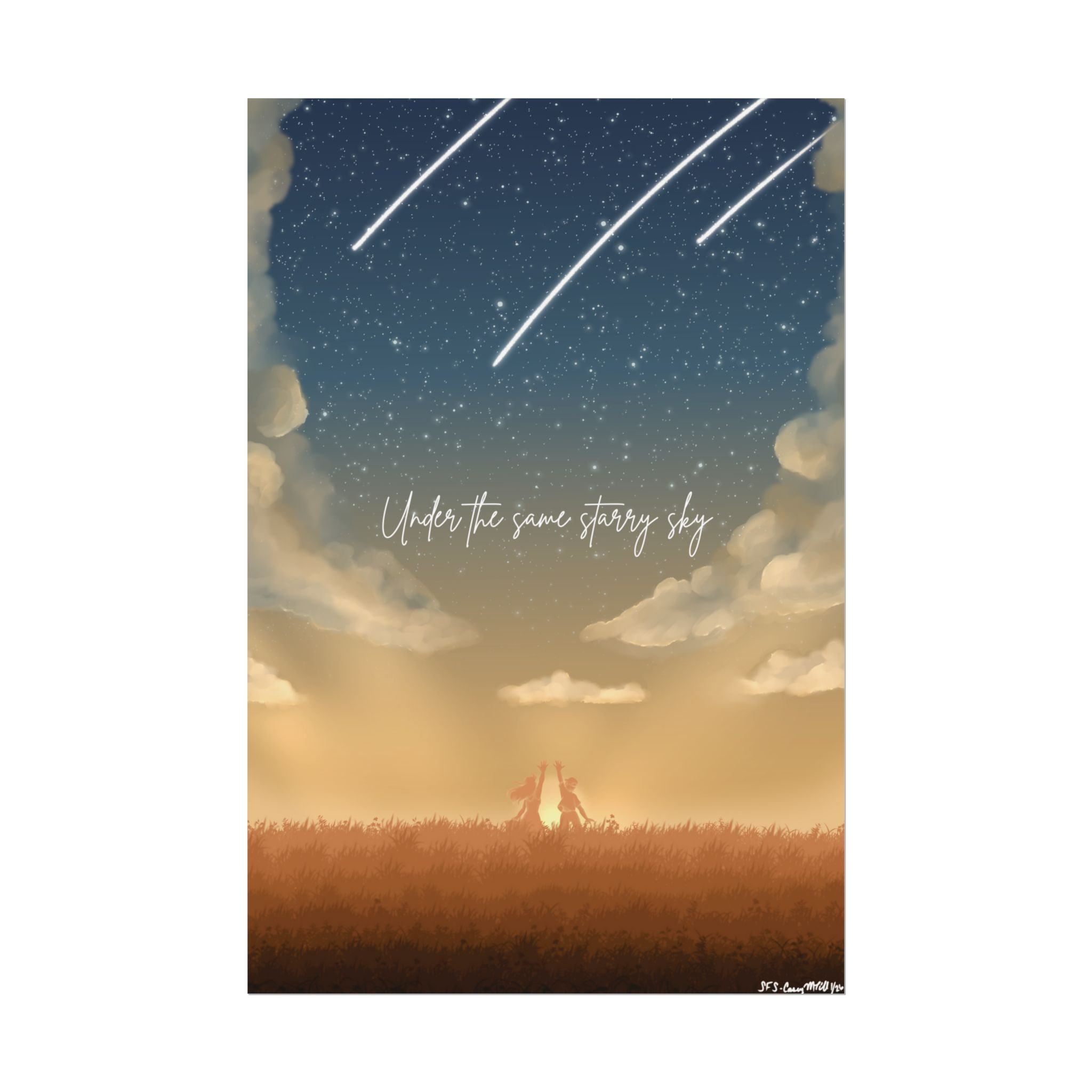 Silhouette of two people holding hands in a grassy field at sunset, with a starry sky and shooting stars above, and the text 'Under the same starry sky'