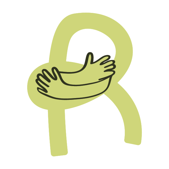Ilustración de un símbolo de empatía con manos abrazando una letra R de color verde claro sobre fondo blanco.