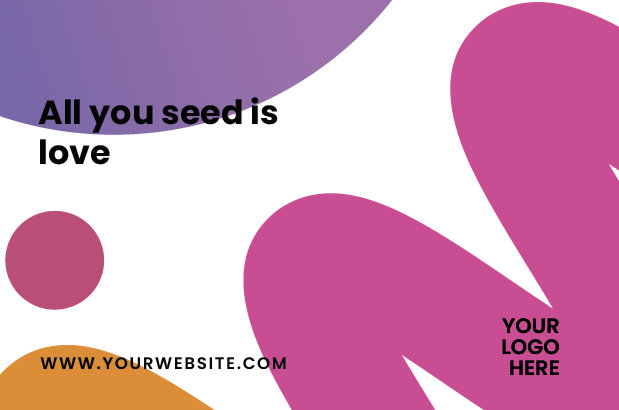 Diseño gráfico con formas abstractas en tonos morados, rosa y naranja, con texto en inglés que dice 'All you seed is love' y espacio para logo y sitio web.