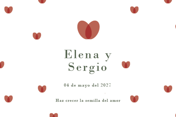 Invitación de boda con nombres Elena y Sergio, fecha 04 de mayo de 2027, con diseño de corazones y flores en tonos marrón.