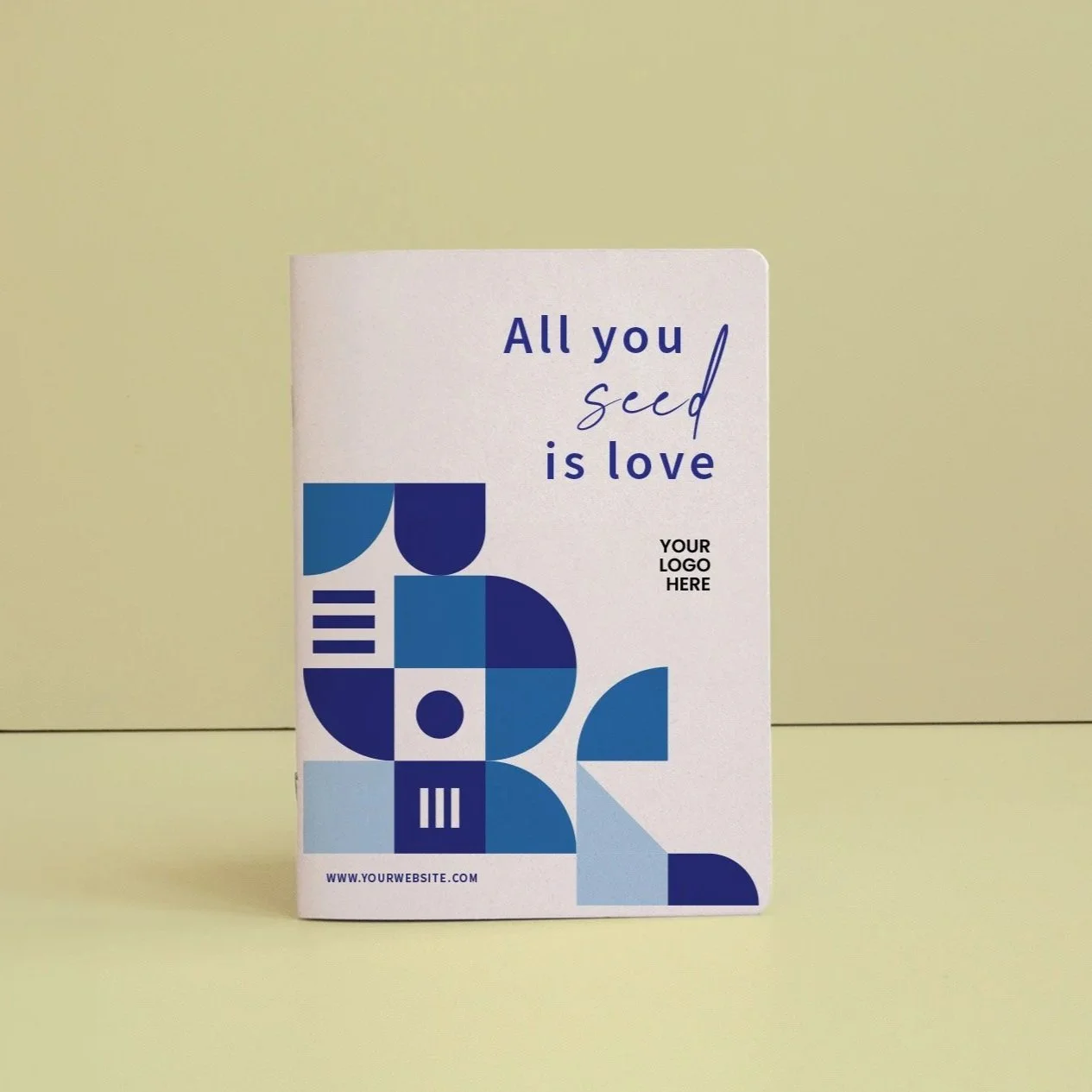 Tarjeta promocional con diseño abstracto en tonos azules y texto que dice 'All you seed is love' y espacio para logo personalizado. Incluye sitio web www.yourwebsite.com.