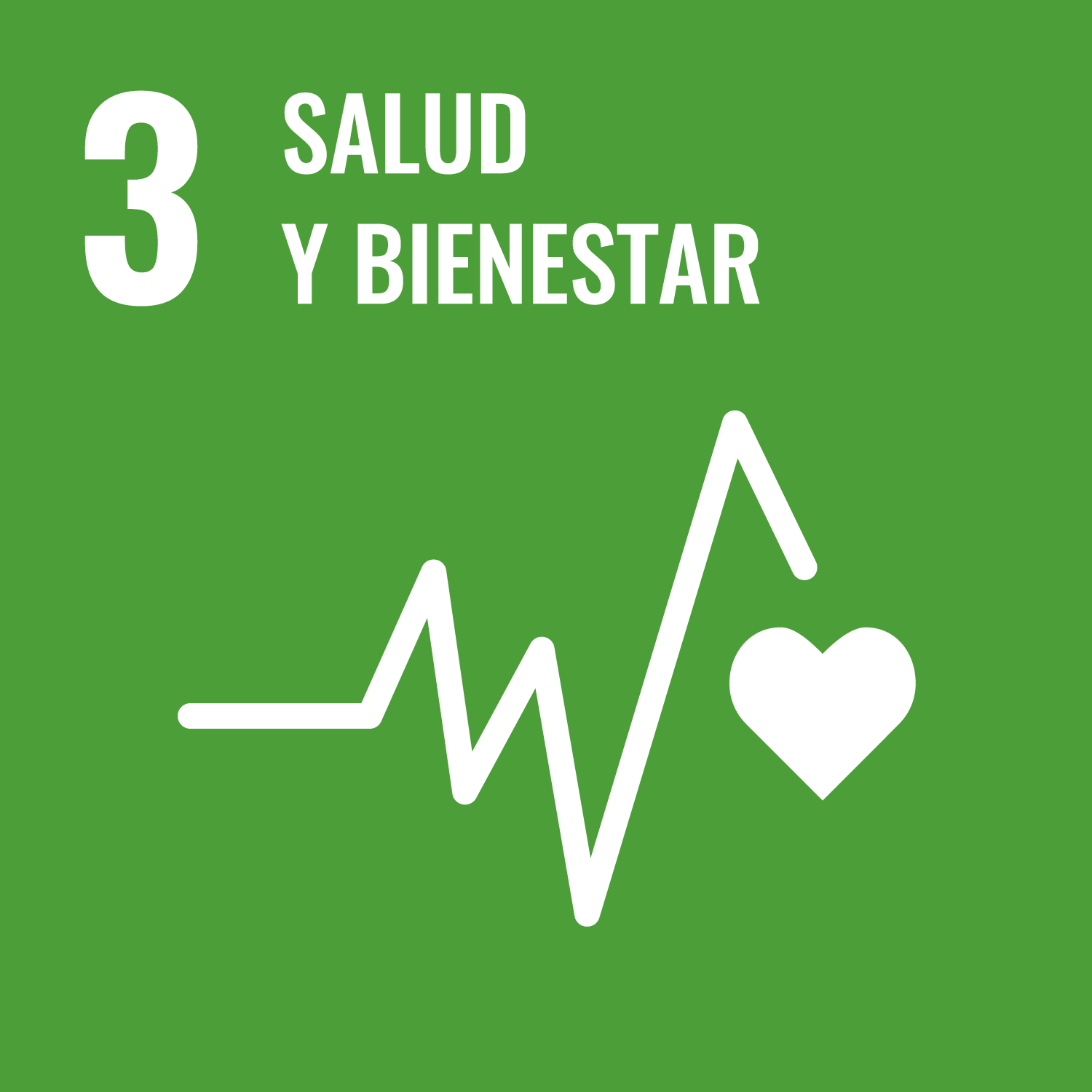 Icono verde con texto que indica el objetivo de desarrollo sostenible número 3: salud y bienestar, con un gráfico de línea de ritmo cardíaco y un corazón.
