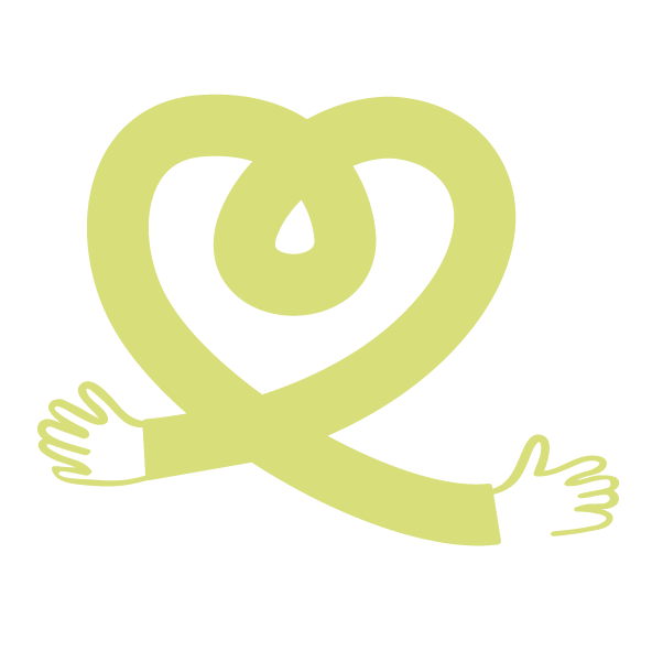Ilustración de un corazón en forma de cinta que también parece un lazo, con brazos extendidos y manos pequeñas.