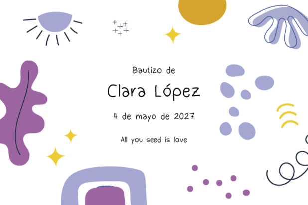 Invitación de bautizo con decoración de formas abstractas en colores morado, amarillo y gris, y texto en español con detalles del evento.