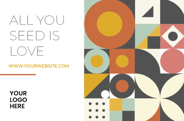 Diseño con texto en el lado izquierdo que dice 'All you seed is love' y espacio para logotipo, al lado derecho patrones geométricos en colores ocres, azules, negros, blancos y rosados.