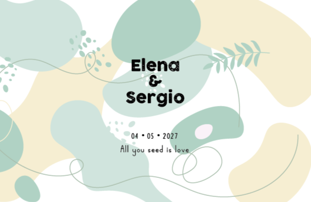 Tarjeta de invitación con fondo colorido en tonos suaves, nombres 'Elena & Sergio', fecha 04-05-2027 y la frase 'Todo lo que siembras es amor'.