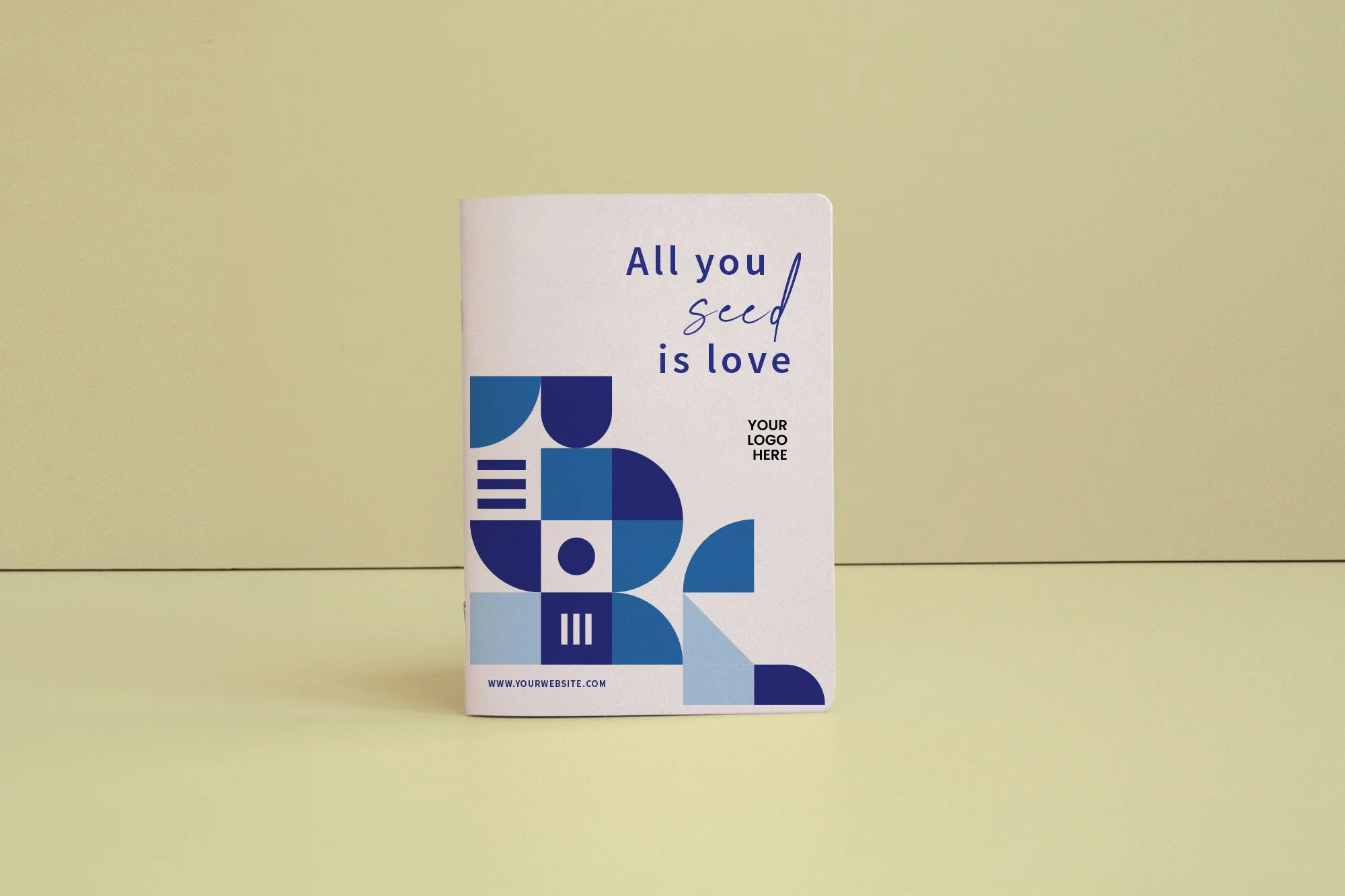 Tarjeta promocional con diseño en tonos azul y blanco, texto en inglés que dice "All you seed is love", espacio para logotipo y página web en la parte inferior