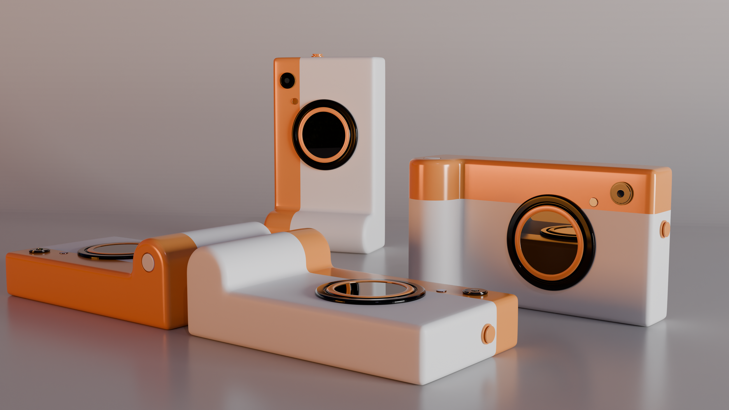 Produktdesign visualisering: Framtidens kamera. En detaljerad 3D-rendering med fokus på materialåtergivning, ljussättning och modern rumsplanering. Innehåller specialritade kameror med en minimalistisk design med kontrasterande färgval.