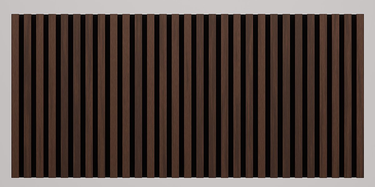 A wooden slat wall panel with evenly spaced vertical dark brown wooden slats.