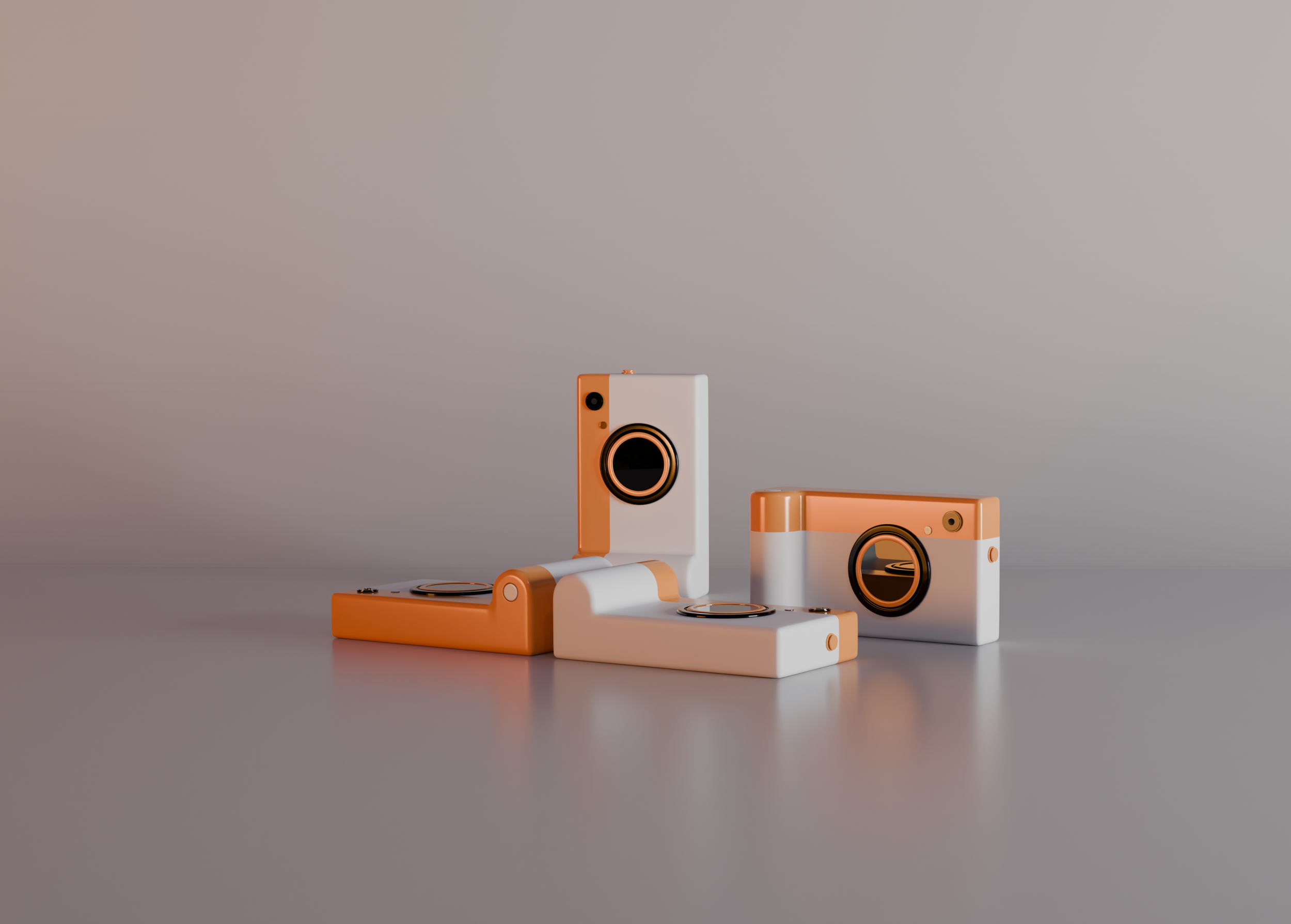 Produktdesign visualisering: Framtidens kamera. En detaljerad 3D-rendering med fokus på materialåtergivning, ljussättning och modern rumsplanering. Innehåller specialritade kameror med en minimalistisk design med kontrasterande färgval.