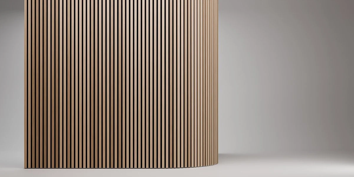 Close-up of a curved wooden slat wall with evenly spaced vertical slats, set against a gray background.