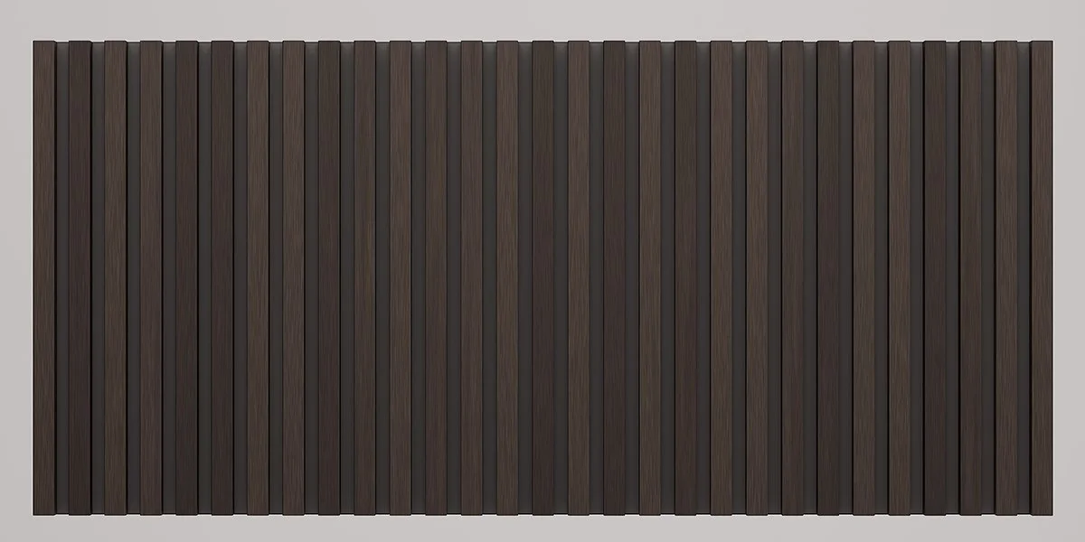Close-up of a wooden slat fence with vertical dark brown planks.