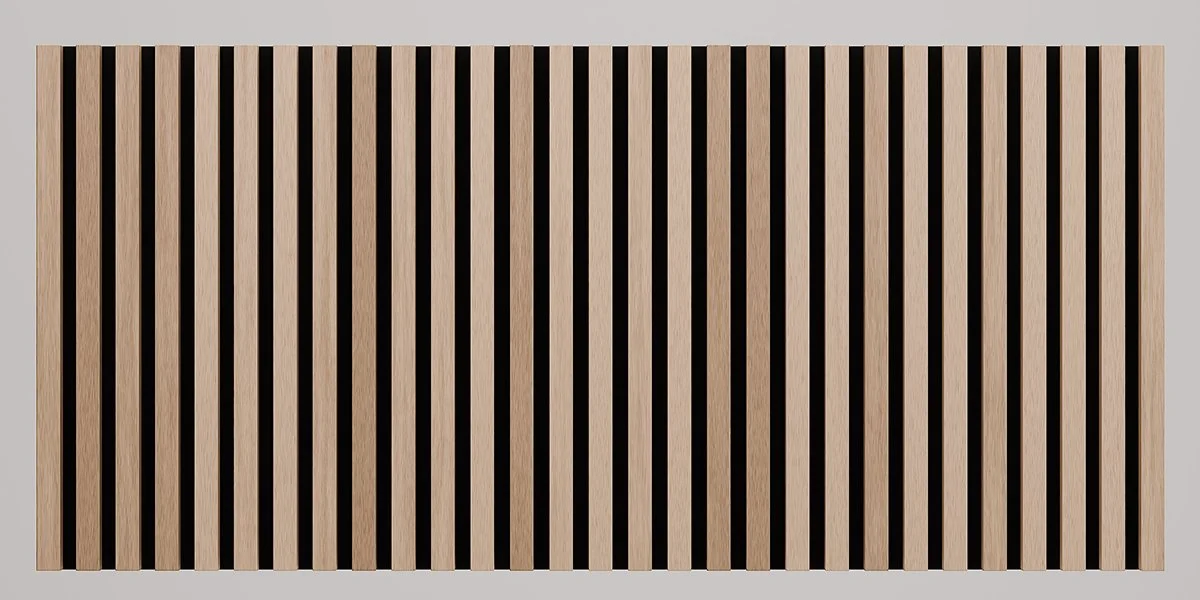A rectangular wooden slatted panel with alternating light and dark wood vertical strips.