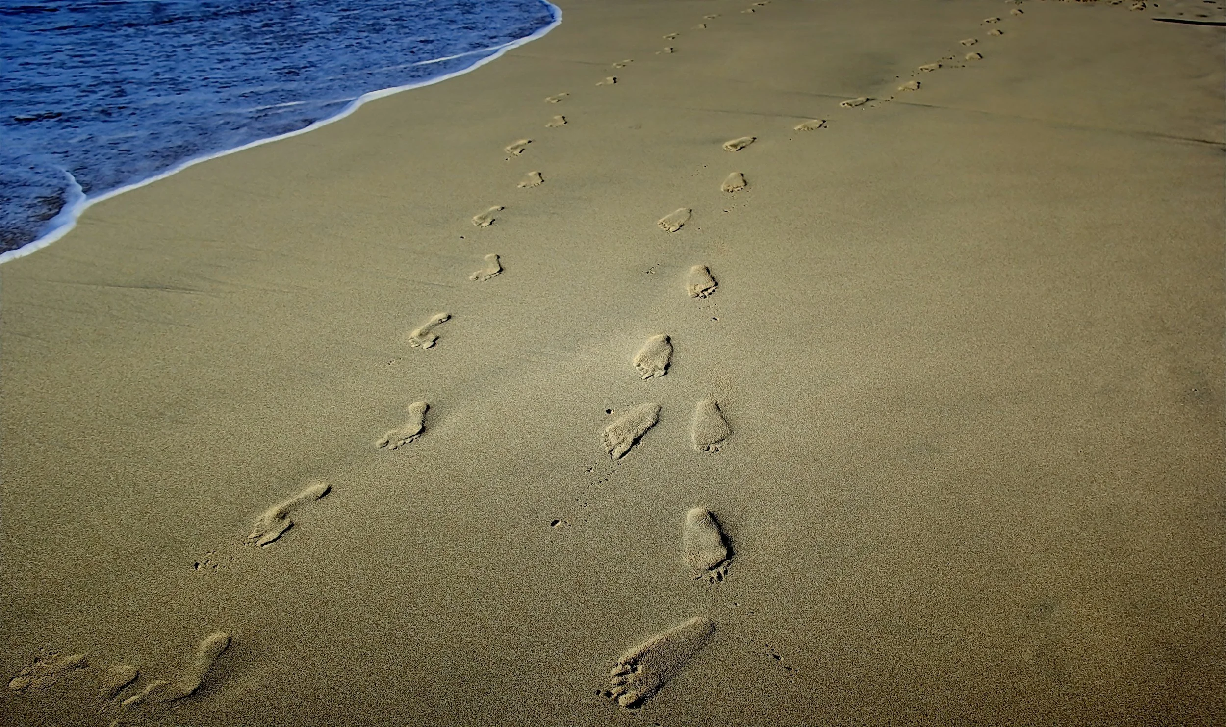 Footprints in the sand along a shoreline with gentle waves. Clinical supervision, supervision for counselling Exeter and East Devon.