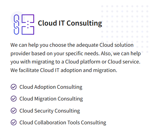 A digital flyer for Cloud IT Consulting featuring a purple cloud and chain link icon, describing services such as Cloud Adoption, Cloud Migration, Cloud Security, and Cloud Collaboration Tools Consulting.