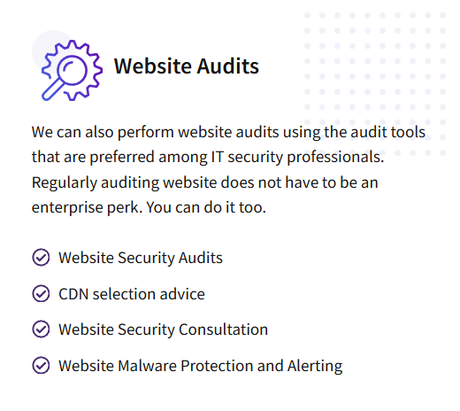 Information about website audits, including security audits, CDN advice, security consultation, malware protection, and alerting, with a gear and magnifying glass icon.