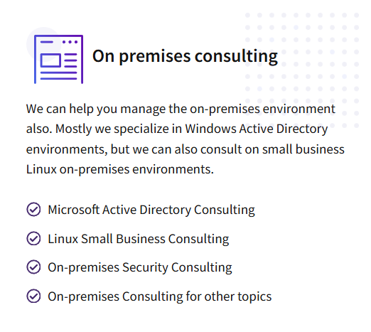 On premises consulting services with a heading, description, and four bullet points listing Microsoft Active Directory Consulting, Linux Small Business Consulting, On-premises Security Consulting, and On-premises Consulting for other topics.