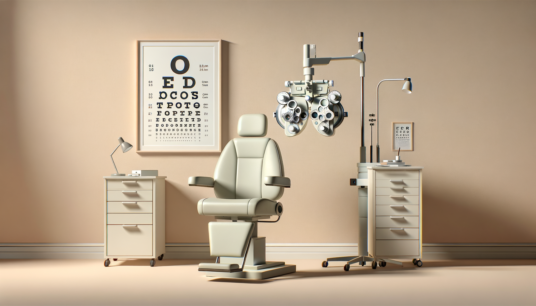 An optometrist's examination room with a beige medical chair, eye testing chart on the wall, medical eye examination equipment hanging from the ceiling, and two white drawers with lamps and eye testing tools.