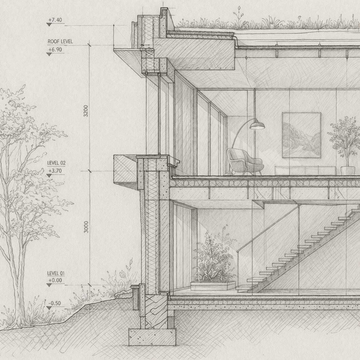 Architectural section drawing of a multi-story building showing interior details, levels, and exterior landscape with trees.