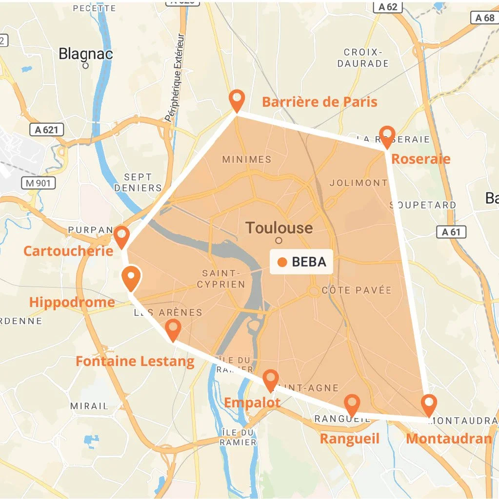 Carte de Toulouse avec différentes zones et sites marqués, tels que la Barrière de Paris, Roseraie, Rangedil, Montaudran, Empalot, Fontaine Lestang, Hippodrome, Cartoucherie, et une zone ombragée indiquant la zone BEBA.