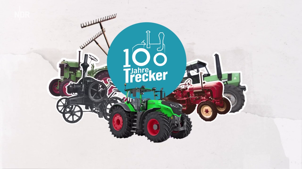 Celebration of 100 years of Trecker tractors, featuring various vintage and modern tractors and farming machinery with a large circular emblem in the center.