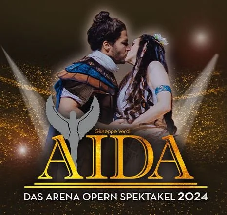 Promotional poster for the opera 'Aida' by Giuseppe Verdi, showing two characters in costume about to kiss, with gold and black background, and text indicating a 2024 outdoor arena performance.