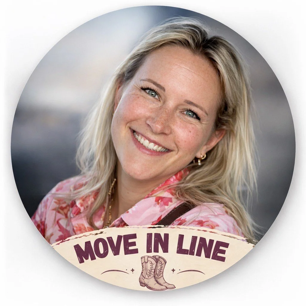 A smiling woman with blonde hair wearing a pink floral shirt, with a logo at the bottom that says 'Move in Line' and has a pair of cowboy boots.
