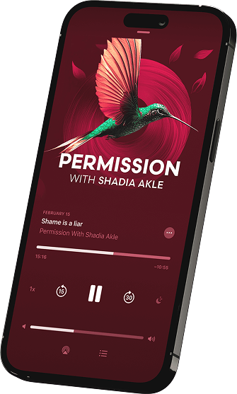 Smartphone screen displaying a music player app with a pink and green hummingbird illustration and the song "Shame is a liar" by Shadia Akle.
