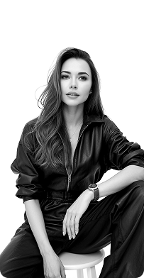 Black and white photo of a young woman with long hair, wearing a zip-up jacket, sitting with one leg crossed, looking at the camera.