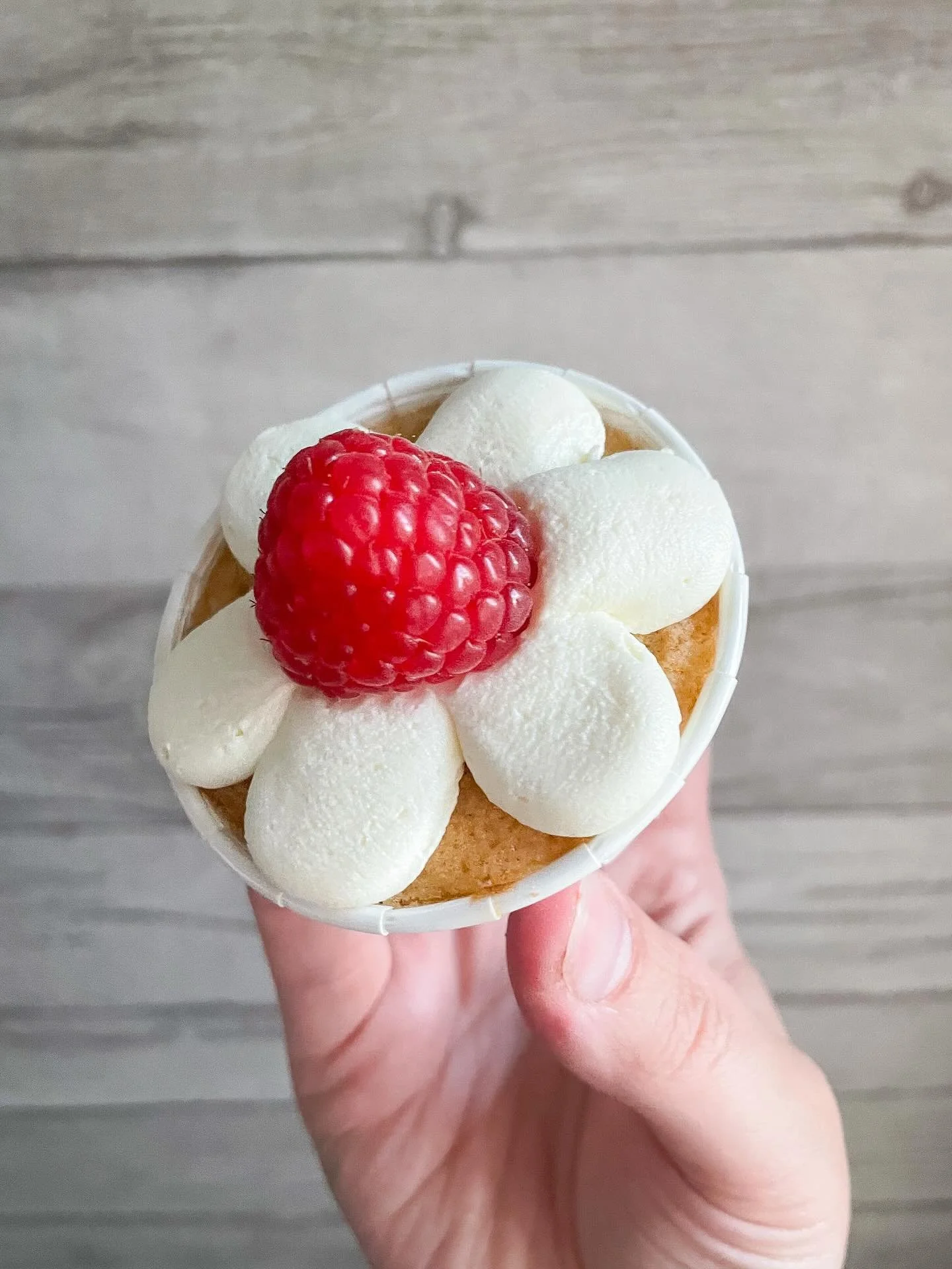 A hand holding a cup of dessert topped with a raspberry and dollops of whipped cream.