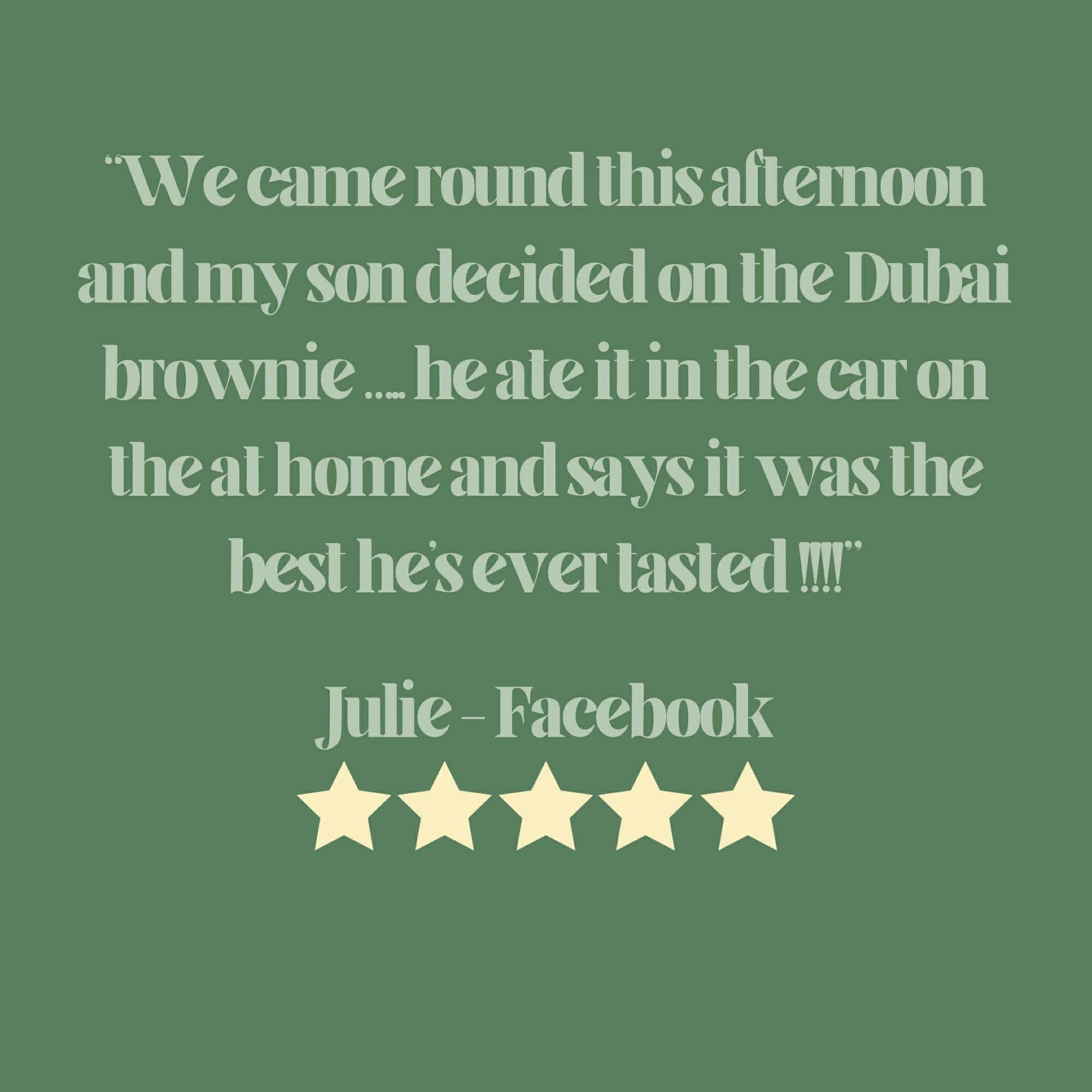 A green background with white text quoting Julie Foucher about an afternoon decision to eat a brownie and heat it in the car on the way home.