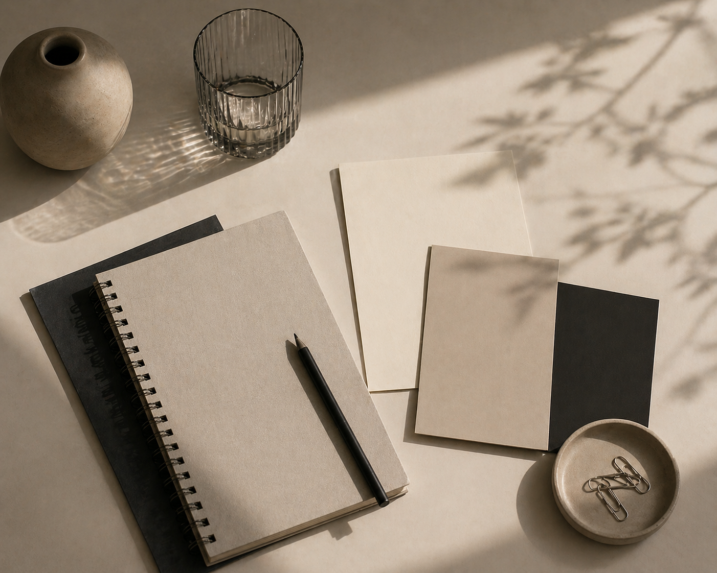 A workspace with notebooks, paper sheets, a pen, a vase, a glass, a bowl with paper clips, and shadows on the surface.