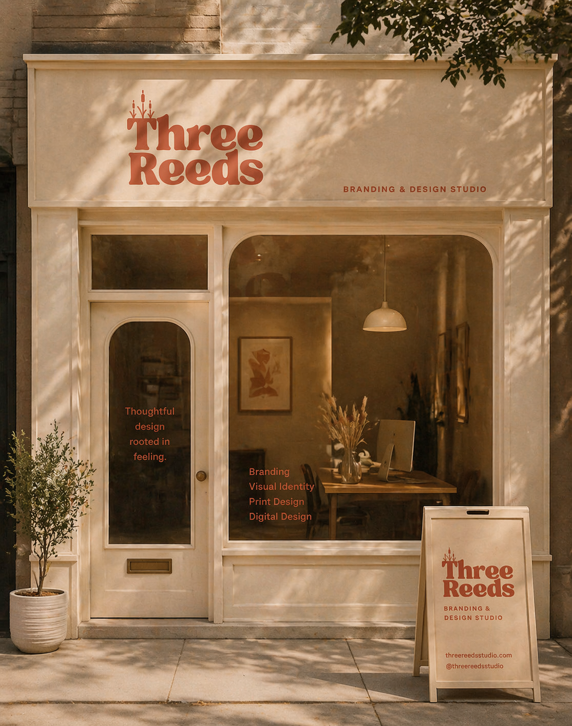 The storefront of Three Reds branding and design studio, featuring a large window and an A-frame sign on the sidewalk with the studio's name and website. The interior is visible through the window, showing a desk with a computer and a vase of dried flowers, with warm lighting and framed artwork on the wall.